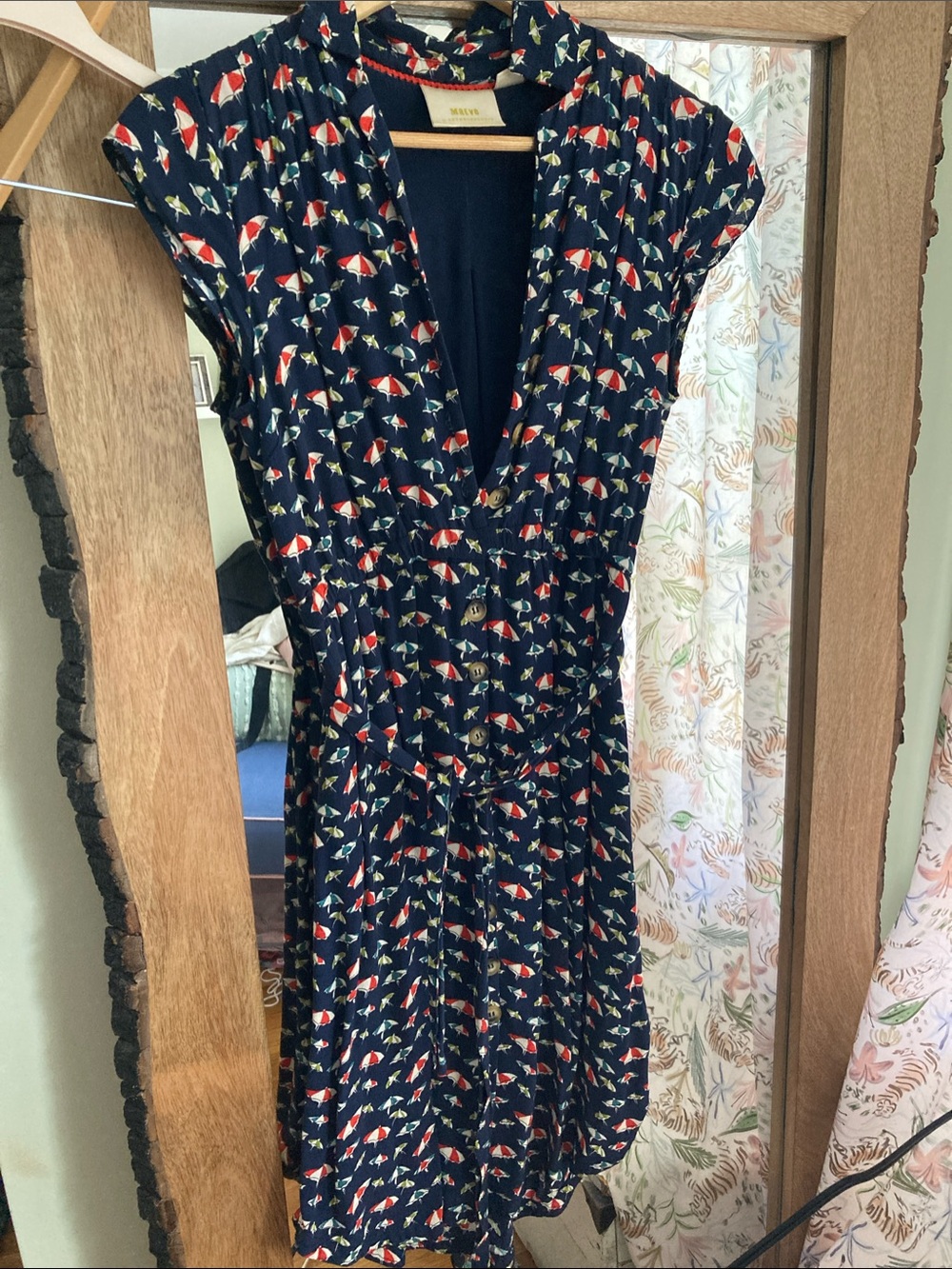 Maeve Navy Midi Dress with Red and Cream Floral Print